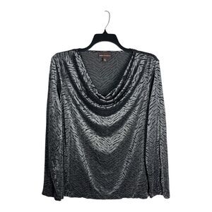 Dana Buchman XL Black Silver Metallic Animal Print Cowl Neck Stretch Dressy Top